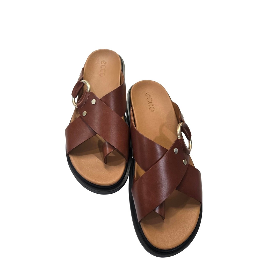 ECCO Gila Brown Leather Cross Strap Toe Loop Slide Platform Sandals Womens 39